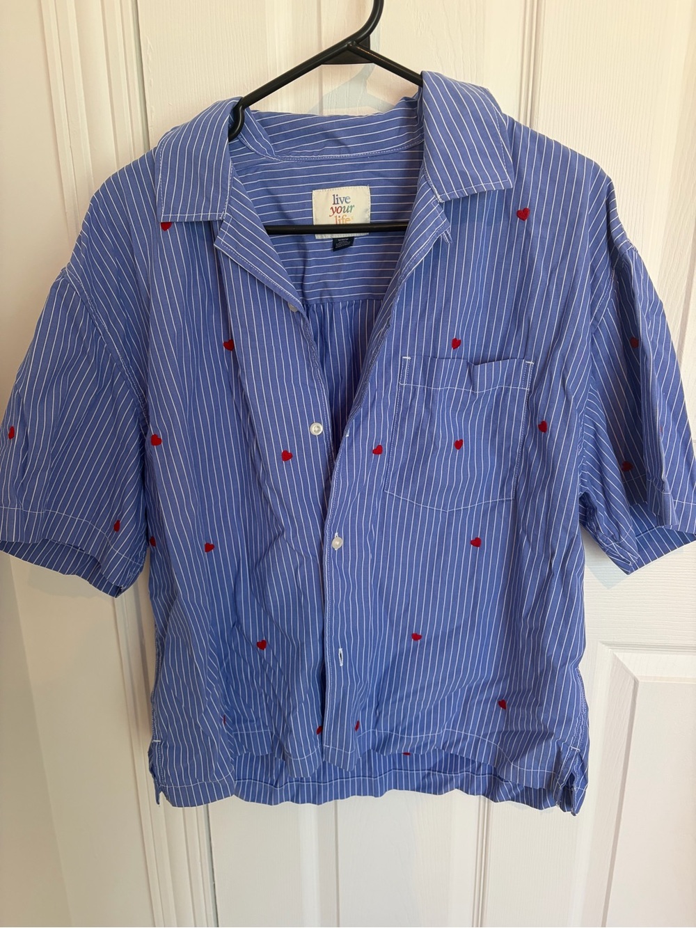 Blue Pinstripe Short-Sleeve Shirt with Red Heart Embroidery